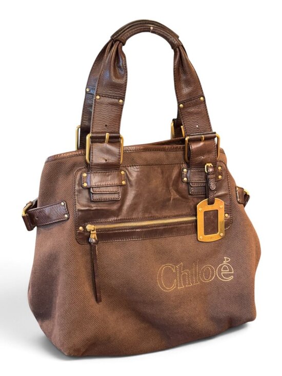 Chloé Handbags - Chloé Large Brown Canvas & Leather Tote Bag With Gold Accents Spacious Design &
